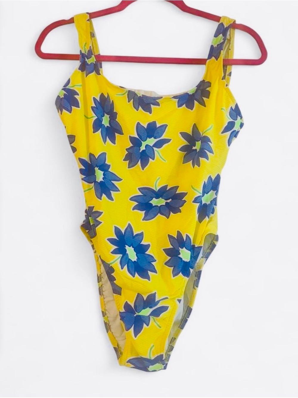 Vintage Deadstock 80s Jantzen Yellow Blue Floral One Piece Swimsuit NWT Small